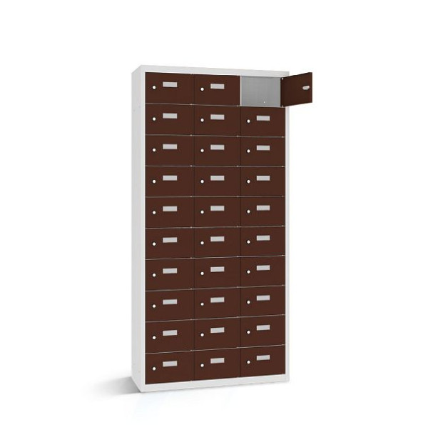 Rotstahl Wertfachschrank, 30 Fächer, Tür einwandig, kurzer Sockel, Korpus: lichtgrau, Türen: mahagoni, 2161-031000-0881112-7035-8016