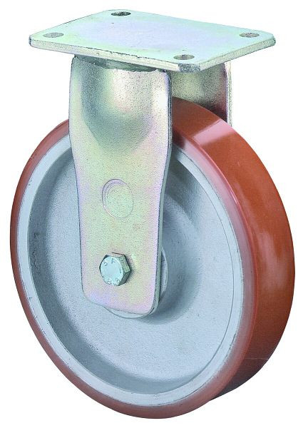 BS Rollen Schwerlastrolle, Bockrolle, Rad-Breite 80 mm, Rad-Ø 85 mm, Tragfähigkeit 800 kg, Guss-Polyurethan 95 Shore A, Guss, Kugellager, RR110.C10.085