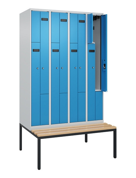 C+P Z-Spind Evolo PLUS, 8 Fächer, 2120x1200x815mm, 7035/5012, Zylinderschloss, Material Sitzfläche Buche-Hartholz, Sitzbank, 0490537-408 S10039
