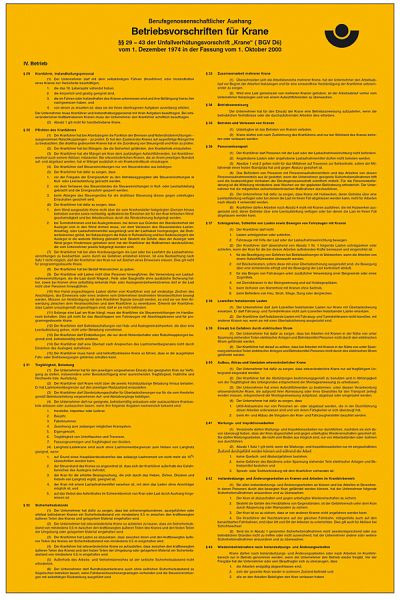 SafetyMarking Aushang - Berufsgenossenschaft, Betriebsvorschriften für Krane, BxH 31x47,5 cm, Kunststoff (Hart-PVC), 43.2936