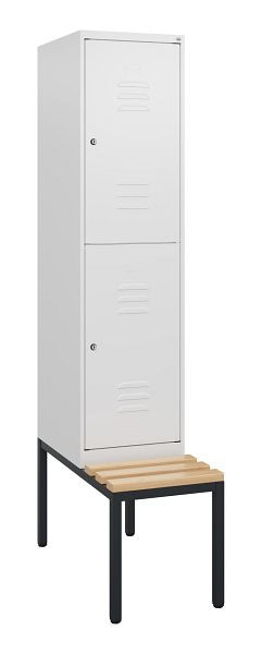 C+P Doppelstöckiger Spind Classic PLUS, 1950x400x815mm, 9016/9016, Zylinderschlösser, Sitzleisten aus Buche, mit untergebauter Sitzbank, 0803505-12 S10044