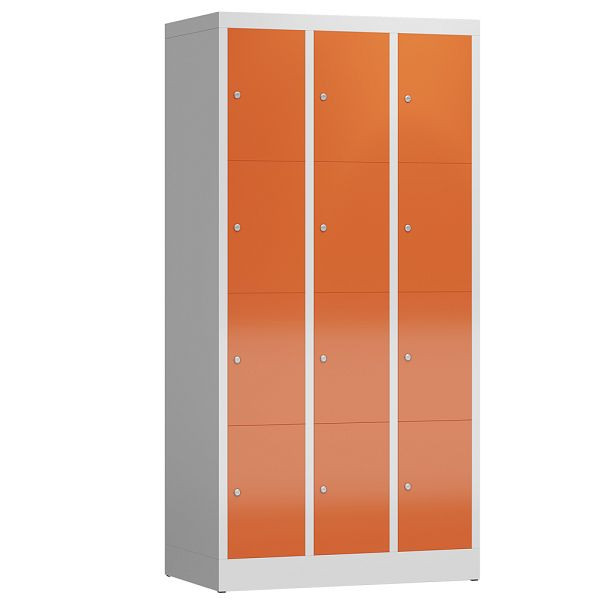 Lüllmann ClassiX Schließfachschrank, 3 Abteile à 4 Fächer, 1800 x 870 x 500 mm, lichtgrau/feuerrot, X-520434