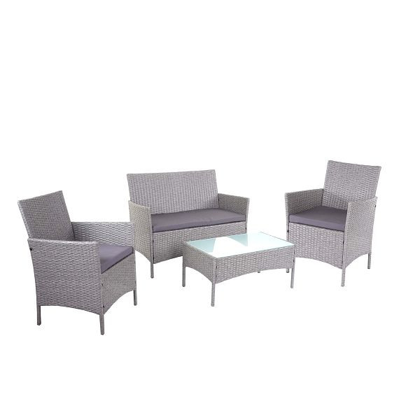Mendler 2-1-1 Poly-Rattan Garten-Garnitur Halden, Sitzgruppe Lounge-Set Sofa, grau, Kissen anthrazit, 64302+64281+64309