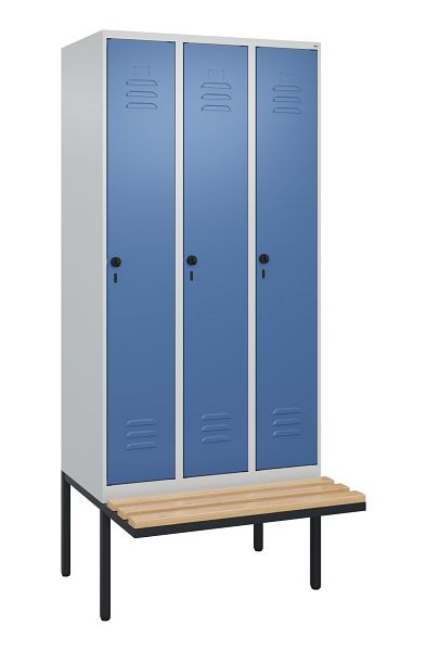 C+P Umkleidespind Classic PLUS, 3 Abteile, 2120x900x815mm, 7035/5023, Drehriegel, Buche-Sitzleisten, je 2 Doppel-Haken, 0800407-30F S10005