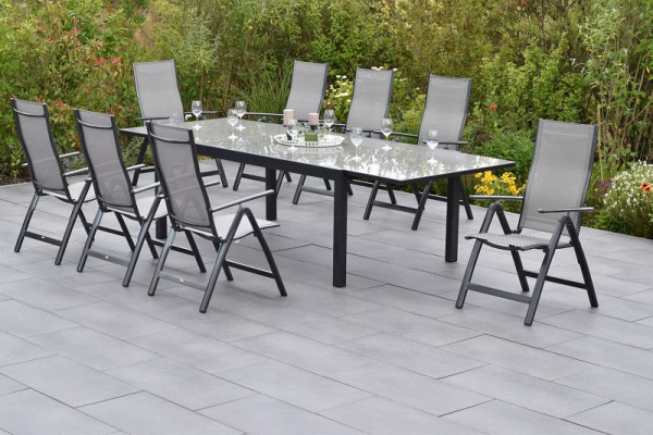 Merxx Carrara Set 9-teilig, 8 Klappsessel, 1 Semi Ausziehtisch 200 (300) x 100 cm, graue Glasplatte, graphit/diamant, 50866-330