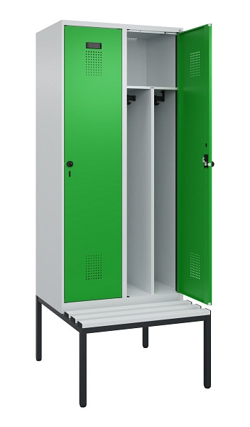 C+P Spind Evolo PLUS, 2 Abteile, 2120x800x815mm, 7035/6037, Haken 4, Drehriegel, Sitzfläche Kunststoff, Sitzbank, Trennwand, 0490507-22F S10065