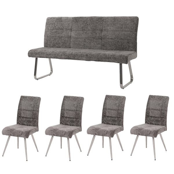 Mendler Esszimmer-Set HWC-G55, 4er-Set Stuhl + Sitzbank 160cm, Edelstahl gebürstet Stoff/Textil Chenille, dunkelgrau, 108107+2x108108