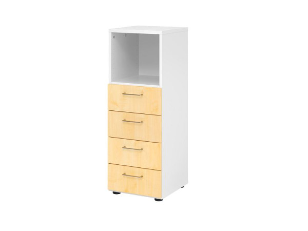 Hammerbacher Schubladenschrank 3OH, 4 Schübe 934S4 BS, Korpus: Weiß / Front: Ahorn, 40x41,7x110 cm (BxTxH), 4 Schubkästen, Metallgriff BS, V934S4/W/3/BS