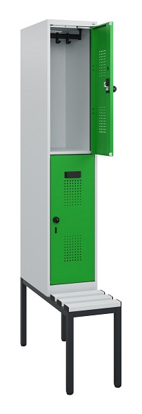 C+P Doppelstöckiger Spind Evolo PLUS, Bank, 2 Fächer, 1950x300x815mm, 7035/6037, Drehriegel, Sitzfläche Kunststoff, Sitzbank, 0493505-10 S10102