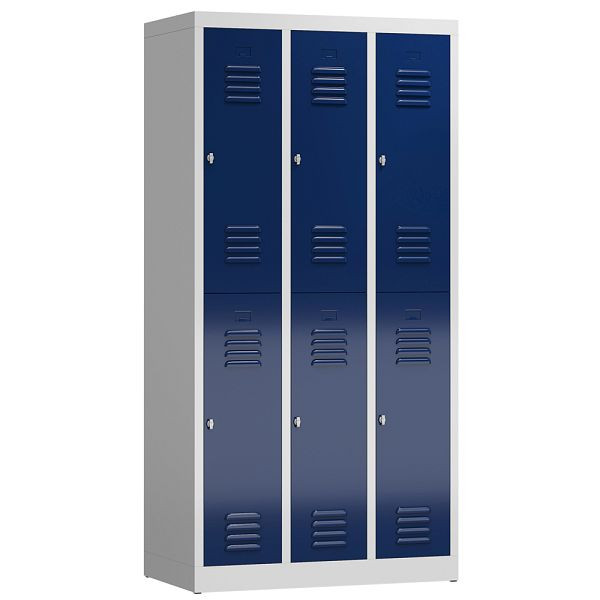 Lüllmann ClassiX Garderobenschrank, 3 Abteile doppelstöckig, 1800 x 870 x 500 mm, lichtgrau/enzianblau, X-520231