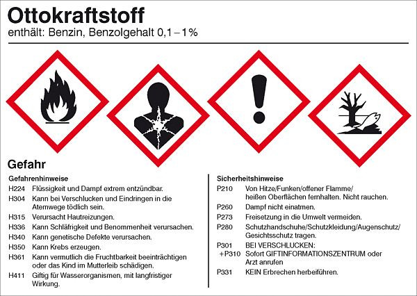 SafetyMarking Gefahrstoffetikett, Ottokraftstoff, für Behälter mit einem Fassungsvermögen bis 50 Liter, BxH 14,8x10,5 cm, Folie, selbstklebend, 21.B2040