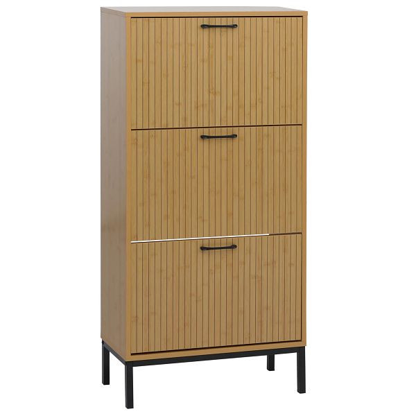 Mendler Schuhkipper HWC-P48, Schuhregal Schuhschrank, 3 Kippfächer Ablage MDF Melamin 125x60x25cm, Bambus-Optik, 139891