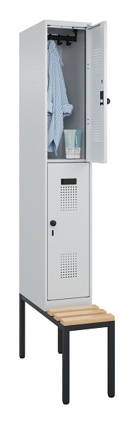 C+P Doppelstock-Spind Evolo PLUS, Bank, 2 Fächer, 2120x300x815mm, 7035/7035, Drehriegel, Sitzfläche Buche-Hartholz, Sitzbank, 0493507-10 S10013