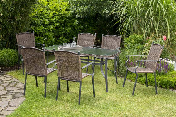Merxx Roma Set 7-teilig, 6 Stapelsessel, 1 Tisch 150 x 80 cm, Glasplatte mit Geflechtrand, graphit/schoko, 50393-210