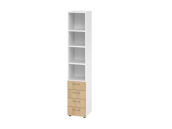Hammerbacher Kombischrank 6OH, 4 Schübe 964S4 BS, Korpus: Weiß / Front: Eiche, 40 x 41,7 x 215,6 cm (BxTxH), 4 Schubkästen, Metallgriff BS, V964S4/W/E/BS