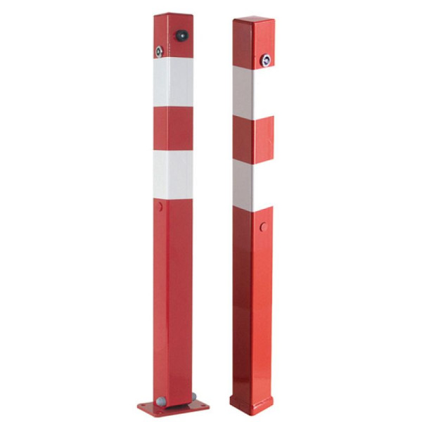 Stein HGS Absperrpfosten -Bollard- mit 8 mm Dreikantverschluss, mit Bodenhülse, verzinkt und rot mit 3 weißen Leuchtstreifen, 2 Ösen, 470nb-2