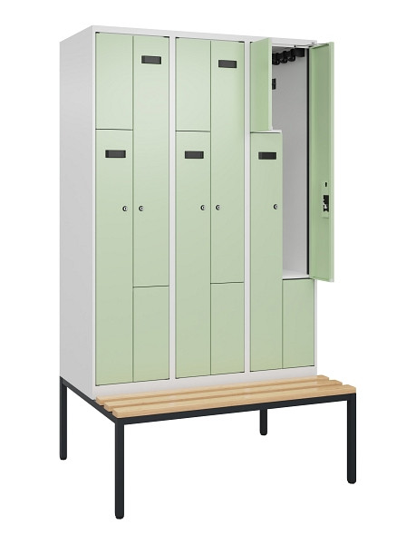 C+P Z-Spind Evolo PLUS, Bank, 6 Fächer, 2120x1200x815mm, 9016/6019, Zylinderschloss, Sitzfläche Buche-Hartholz, Sitzbank, 0490537-326 S10046