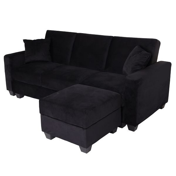 Mendler Sofa HWC-H47 mit Ottomane, Couch Sofa Gästebett, Schlaffunktion Stauraum 217x145cm, Samt schwarz, 89540+89541