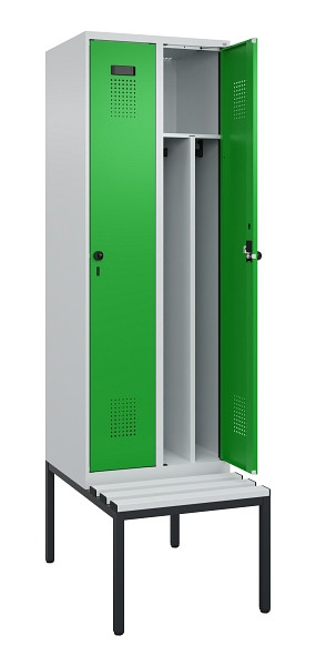 C+P Spind Evolo PLUS, 2 Abteile, 2120x600x815mm, 7035/6037, Drehriegel, Sitzfläche Kunststoff, Sitzbank, 0490507-20F S10065