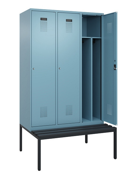 C+P Spind Evolo PLUS, 3 Abteile, 2120x1200x815mm, 0010/0010, Haken 4, Zylinderschloss, Sitzfläche Kunststoff, Sitzbank, Trennwand, 0490507-32F S10101