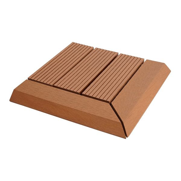 Mendler WPC Eck-Bodenfliese Rhone + Abschluss, Holzoptik Terrasse, 30x30cm Premium, Ecke links, teak linear, 77611