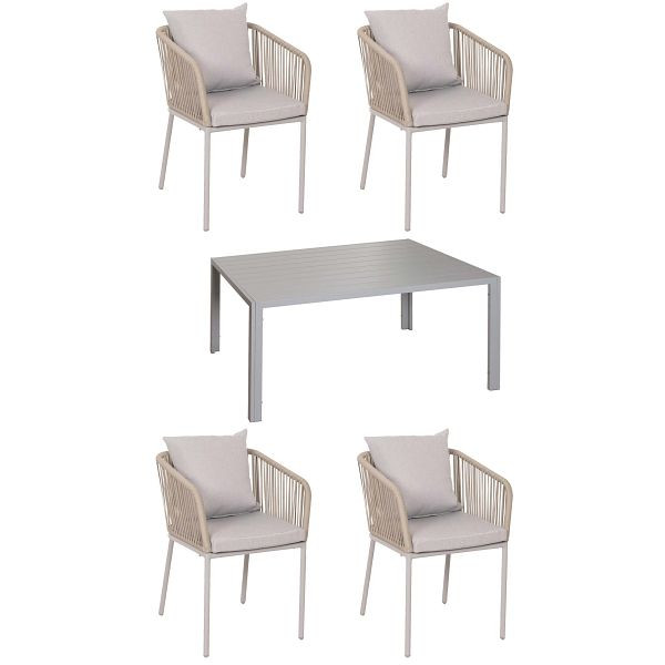 Mendler Gartengarnitur HWC-N41, Tisch+4xStuhl, wetterfest Alu 140x80cm, Seilgeflecht Rope, grau Kissen grau, 106602+2x106619
