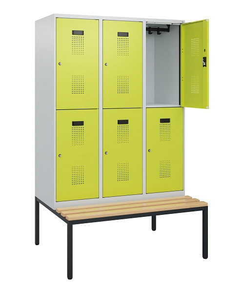 C+P Doppelstöckiger Spind Evolo PLUS, Bank, 6 Fächer, 1950x1200x815mm, 7035/0024, Zylinderschloss, Sitzfläche Buche-Hartholz, Sitzbank, 0493505-32 S10042