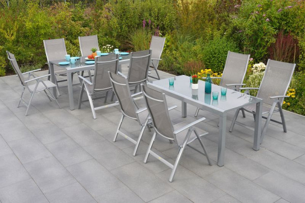 Merxx Taviano Set 11-teilig, 10 Klappsessel, gepolstert, 1 Flex Ausziehtisch, 160/160 x 90/75 x 78/74,5 cm, Silber/diamantbraun, 50687-330
