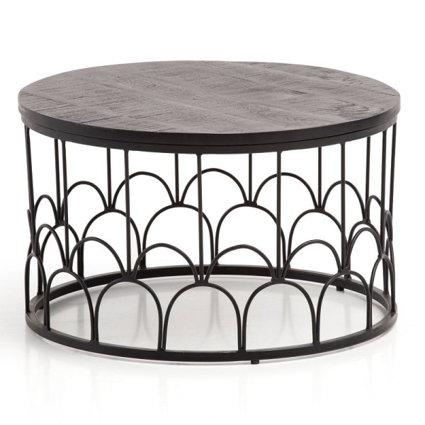 Wohnling Couchtisch 60x60x36 cm Mango Massivholz/Metall Schwarz Sofatisch Rund, Design Wohnzimmertisch Industrial, mit Metallgestell, WL6.800