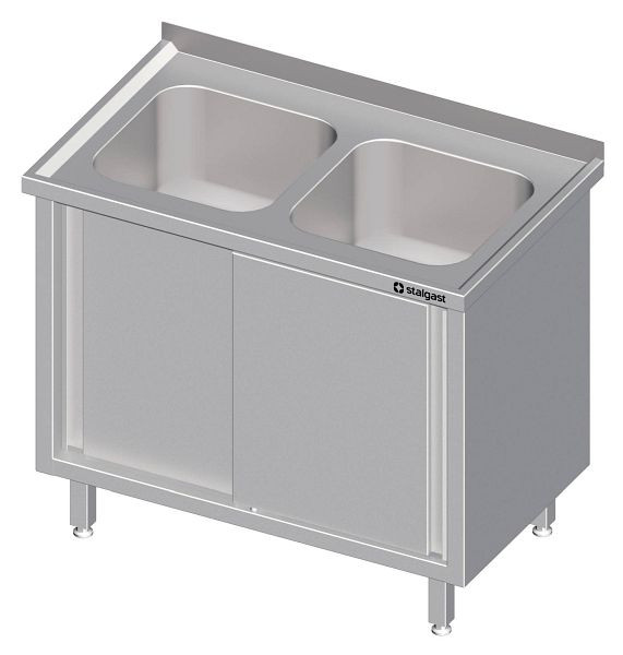 Stalgast Spülschrank mit Schiebetüren, 1500x700x850 mm, mit zwei Becken rechts, mit Aufkantung, verschweißt, VSK15703RA