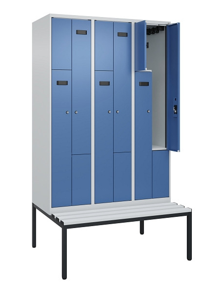 C+P Z-Spind Evolo PLUS, Bank, 6 Fächer, 2120x1200x815mm, 7035/5023, Zylinderschloss, Sitzfläche Kunststoff, Sitzbank, 0490537-326 S10089