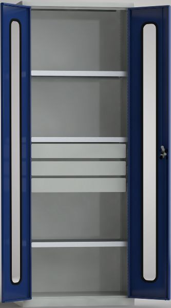 KLW Universalschrank 2000x750x430mm, abschließbare Flügeltüren mit Acrylglas, 3 Schubladen 600mm, 3 Fachböden, verzinkt, 7FN-CF2000FD-75S3XRB