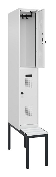 C+P Doppelstock-Spind Evolo PLUS, Bank, 2 Fächer, 2120x300x815mm, 9016/9016, Drehriegel, Sitzfläche Kunststoff, Sitzbank, 0493507-10 S10101