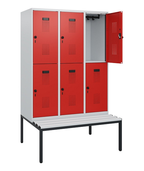 C+P Doppelstöckiger Spind Evolo PLUS, Bank, 6 Fächer, 1950x1200x815mm, 7035/3020, Drehriegel, Sitzfläche Kunststoff, Sitzbank, 0493505-32 S10091