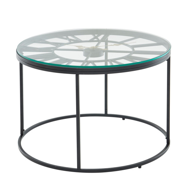 Wohnling Couchtisch Glas Metall 60x60x43 cm Sofatisch Schwarz mit Deko-Uhr, Design Wohnzimmertisch Rund, Kleiner Kaffeetisch Modern, WL6.688