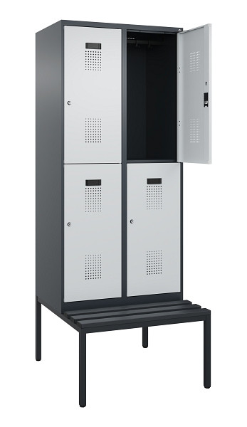 C+P Doppelstock-Spind Evolo PLUS, Bank, 4 Fächer, 2120x800x815mm, 7016/7035, Zylinderschloss, Sitzfläche Kunststoff, Sitzbank, 0493507-22 S10125