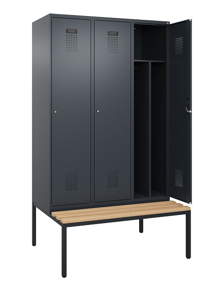 C+P Spind Evolo PLUS, 3 Abteile, 2120x1200x815mm, 7016/7016, Haken 4, Zylinderschloss, Sitzfläche Buche-Hartholz, Sitzbank, Trennwand, 0490507-32F S10043
