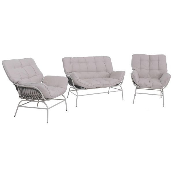 Mendler Lounge-Set HWC-P75, Gartengarnitur Sofa Sitzgruppe, Stoff 220g/m² Poly-Rattan Metall, hellgrau, Polster beige, 119739+119738