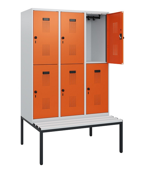 C+P Doppelstöckiger Spind Evolo PLUS, Bank, 6 Fächer, 1950x1200x815mm, 7035/2004, Drehriegel, Sitzfläche Kunststoff, Sitzbank, 0493505-32 S10085