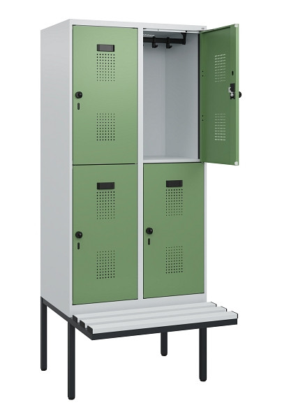 C+P Doppelstock-Spind Evolo PLUS, Bank, 4 Fächer, 1950x800x815mm, 7035/6011, Drehriegel, Sitzfläche Kunststoff, 0493405-22 S10101
