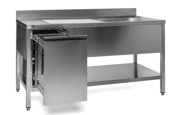 A&S Gastro Spültisch mit Abfallbehälter, 1 Becken rechts, Bautiefe 600 mm, 120x600x850 mm, SPT1261BR-A