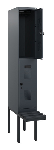 C+P Doppelstock-Spind Evolo PLUS, Bank, 2 Fächer, 1950x300x815mm, 7016/7016, Drehriegel, Sitzfläche Kunststoff, 0493405-10 S10112