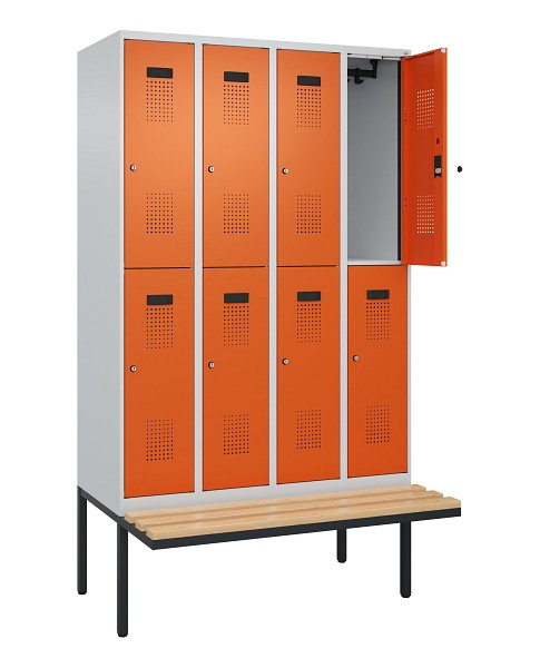 C+P Doppelstock-Spind Evolo PLUS, Bank, 8 Fächer, 2120x1200x815mm, 7035/2004, Zylinderschloss, Sitzfläche Buche-Hartholz, 0493407-40 S10029