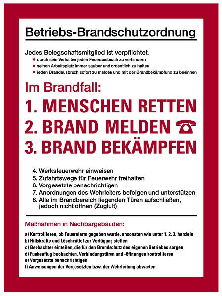 Schilder Klar Aushang Betriebs, Brandschutzordnung, 300x400x0.6 mm Aluminium geprägt, 168/12