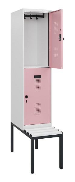 C+P Doppelstöckiger Spind Evolo PLUS, Bank, 2 Fächer, 1950x400x815mm, 9016/3015, Drehriegel, Sitzfläche Kunststoff, Sitzbank, 0493505-12 S10116