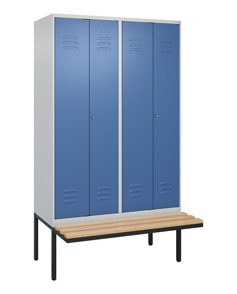 C+P Umkleidespind Classic PLUS, Doppel-Spind, 4 Abteile, 2120x1200x815mm, 7035/5023, Zylinderschlösser, Buche-Sitzleisten, 0800427-40P S10049