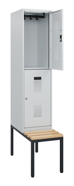 C+P Doppelstöckiger Spind Evolo PLUS, Bank, 2 Fächer, 1950x400x815mm, 7035/7035, Zylinderschloss, Sitzfläche Buche-Hartholz, Sitzbank, 0493505-12 S10040