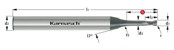 Karnasch VHM-Micro Schaftfräser mit Eckenradius d= 2,00 / r= 0,50 / d2= 4 / L3= 8,0 mm DCC 0318 - Graphit/Zirkonium, 3065450200050080