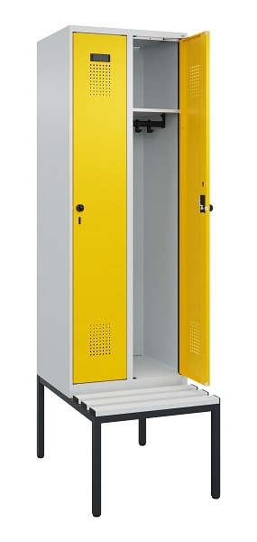 C+P Spind Evolo PLUS, 2 Abteil, 2120x600x815mm, 7035/1023, Drehriegel, Sitzfläche Kunststoff, Sitzbank, 0490507-20 S10055