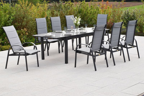 Merxx 9-teilig Marini Set, 8 Marini Sessel, in 2 Positionen verstellbar, 1 Semi-Ausziehtisch, 180 (250) x 100 cm, graphit/grau, 50254-309
